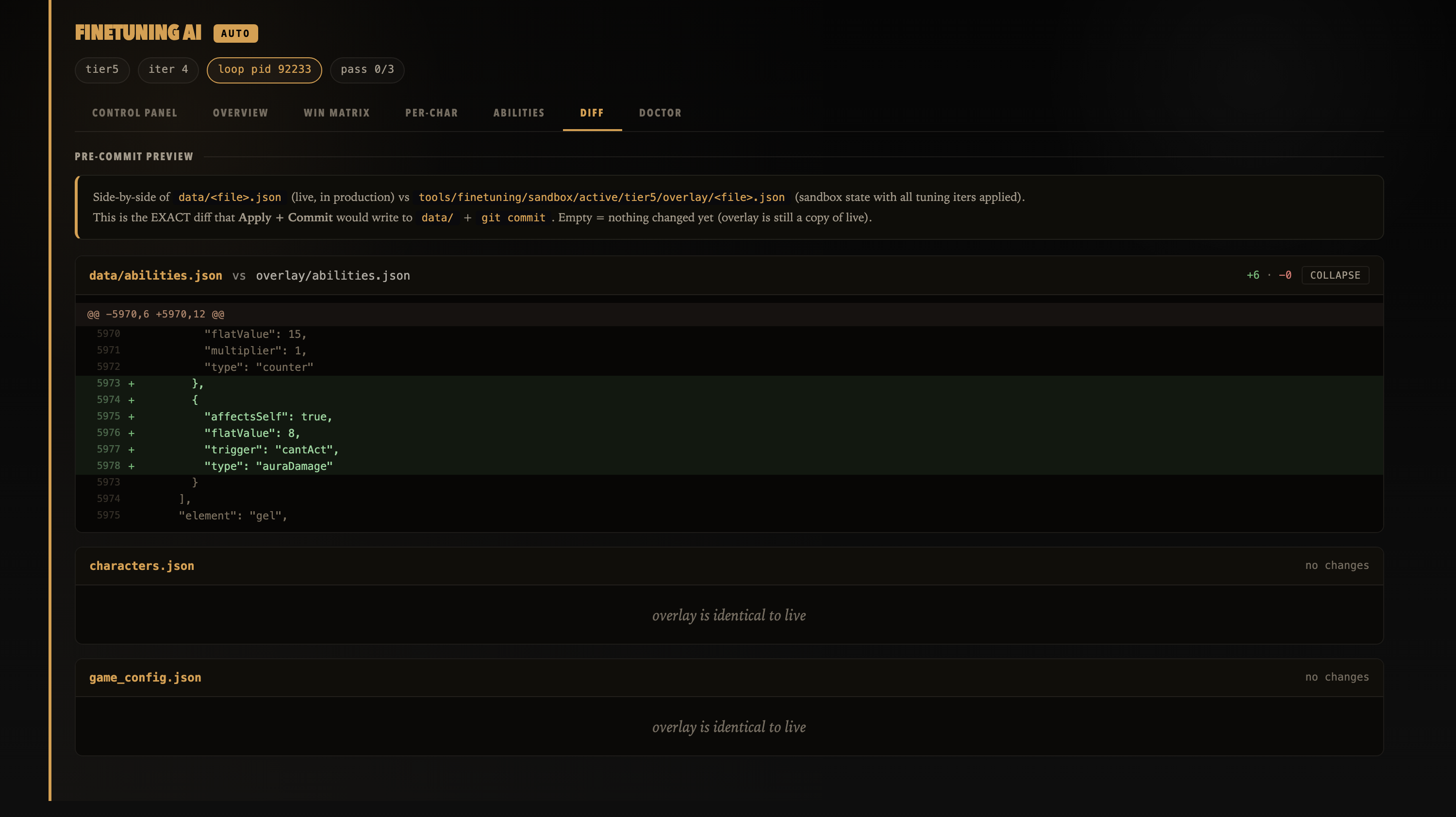 Scheda Diff: confronto stile-git fra i dati live e la copia di lavoro, con sei righe aggiunte su abilities.json.